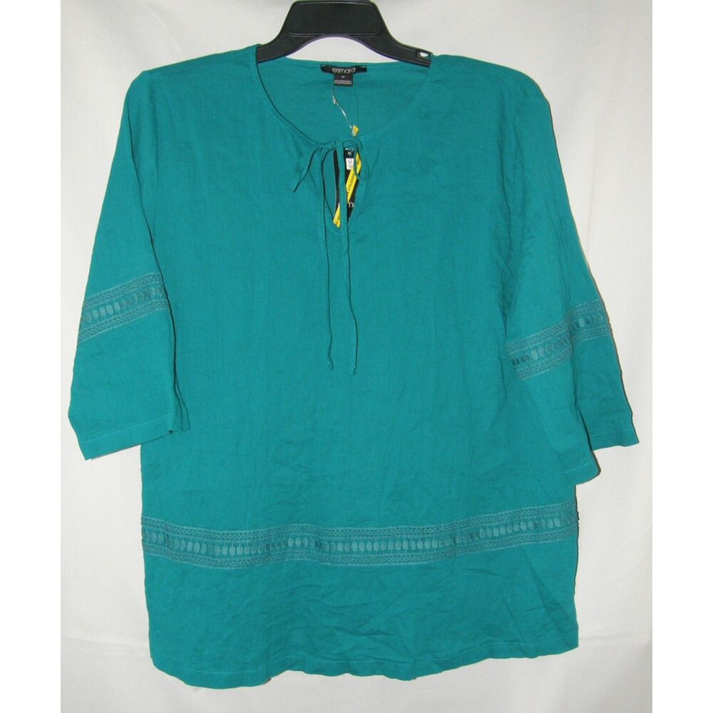 NEW Teal Sz 14 Casual or Dress Roomy Lace Accent Gauze Boho Tunic Shirt ESMARA